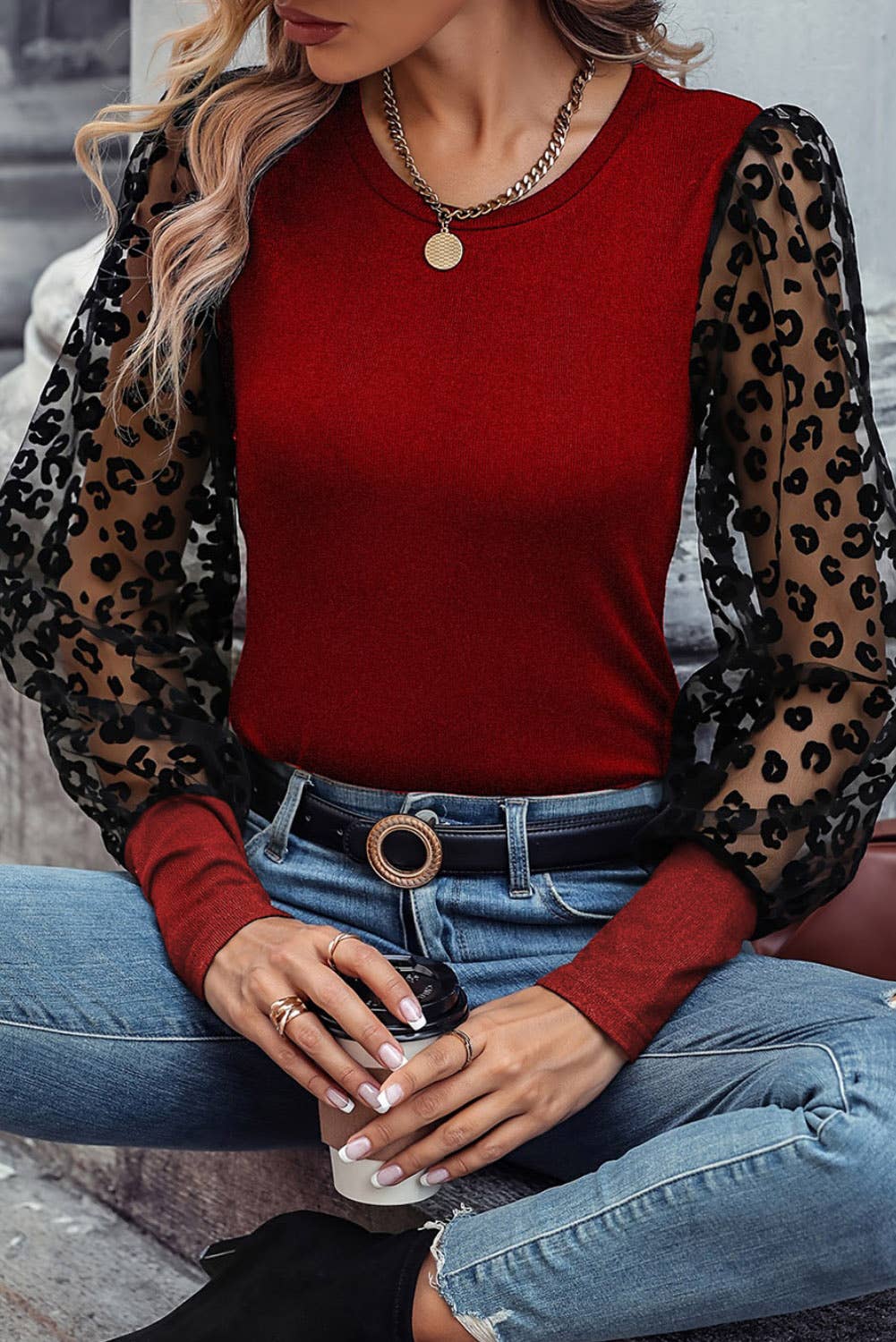 FULL TIME PURCHASE - Leopard Mesh Puff Sleeve Patchwork Slim Fit Top: L / Black
