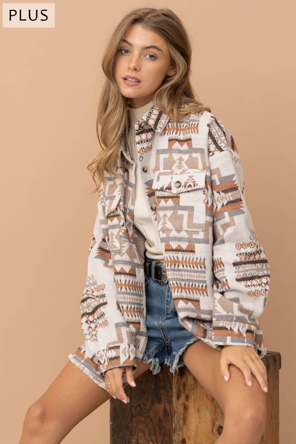 Blue B - 32147JPLUS - Jacquard Aztec Western Shirt Jacket PLUS: XL / BEIGE