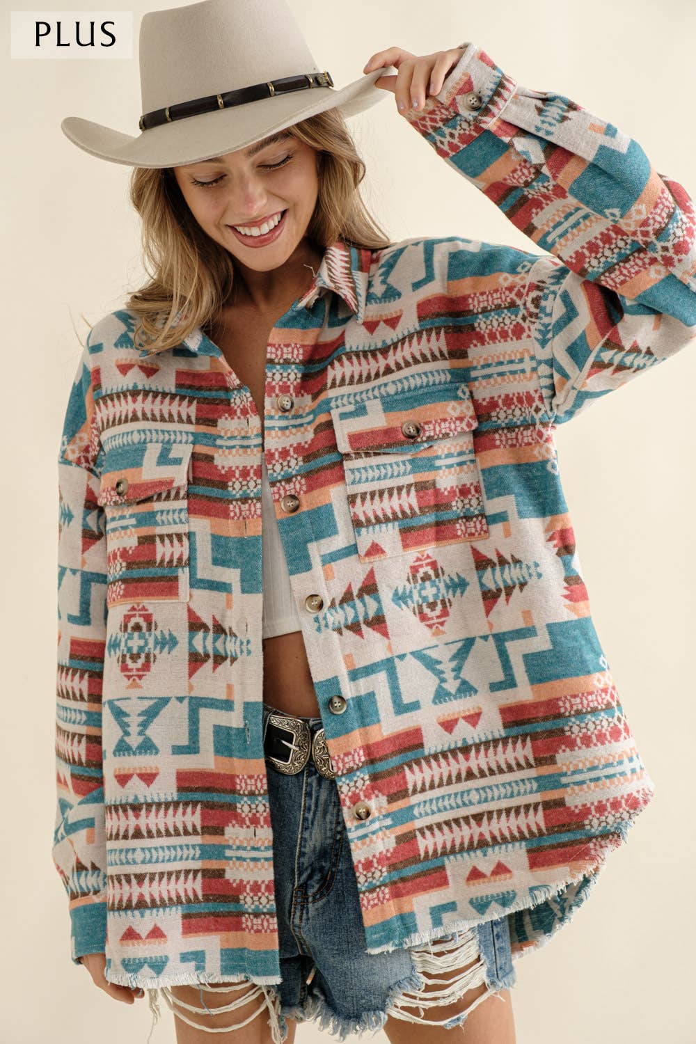 Blue B - 32147JPLUS - Jacquard Aztec Western Shirt Jacket PLUS: XL / BEIGE
