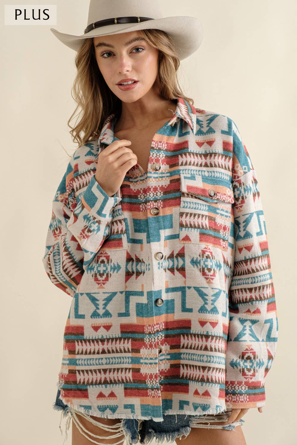 Blue B - 32147JPLUS - Jacquard Aztec Western Shirt Jacket PLUS: XL / BEIGE