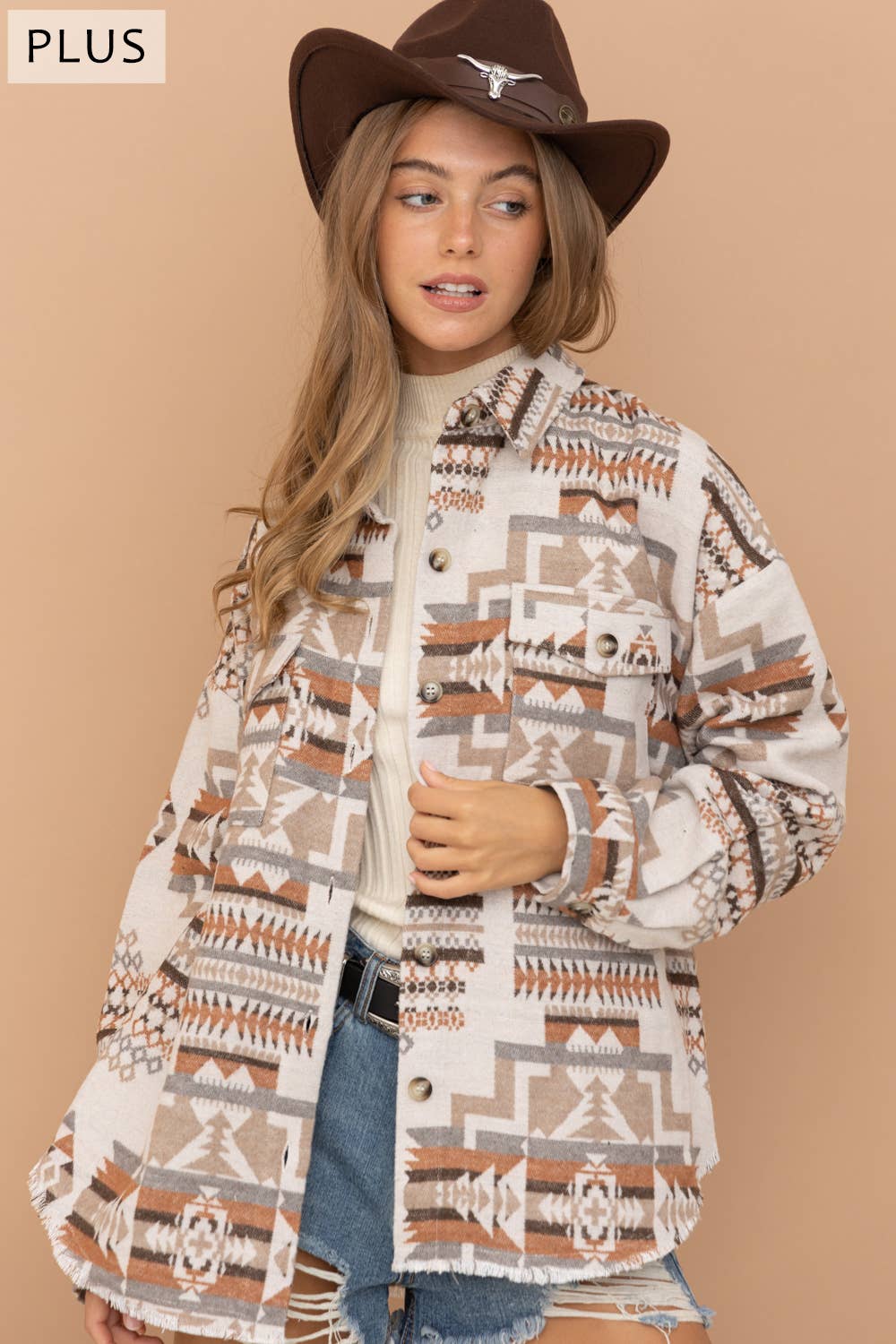 Blue B - 32147JPLUS - Jacquard Aztec Western Shirt Jacket PLUS: XL / BEIGE