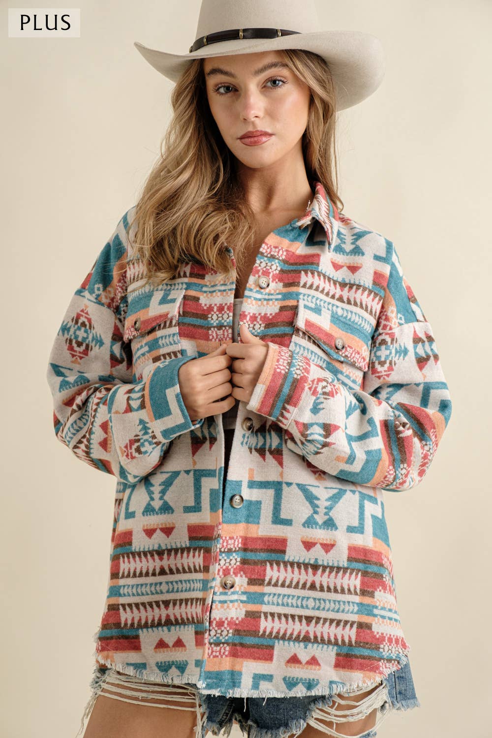 Blue B - 32147JPLUS - Jacquard Aztec Western Shirt Jacket PLUS: XL / BEIGE