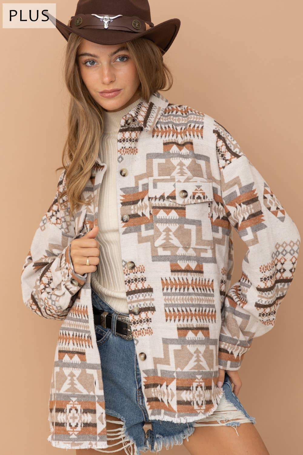 Blue B - 32147JPLUS - Jacquard Aztec Western Shirt Jacket PLUS: XL / BEIGE