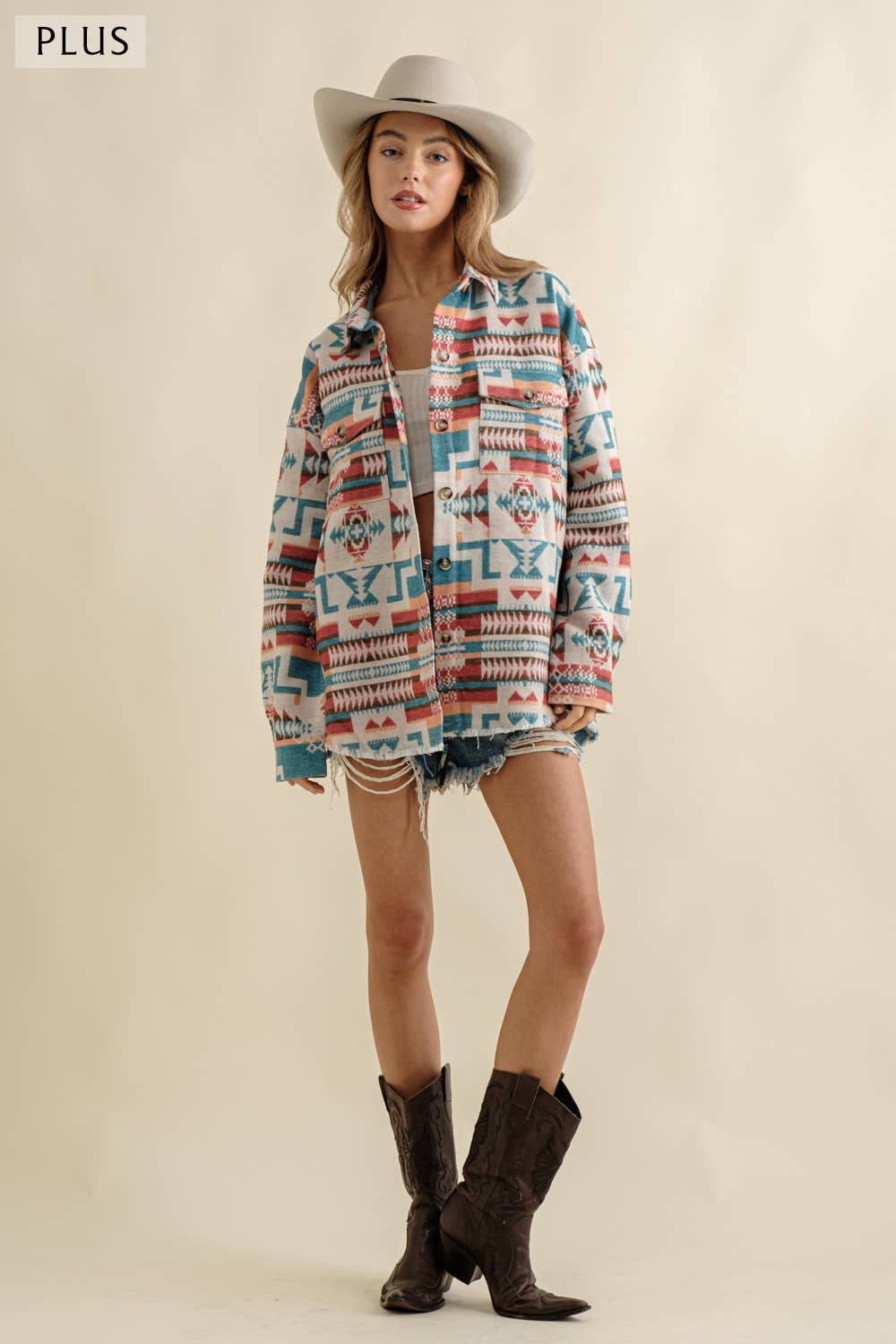 Blue B - 32147JPLUS - Jacquard Aztec Western Shirt Jacket PLUS: XL / BEIGE