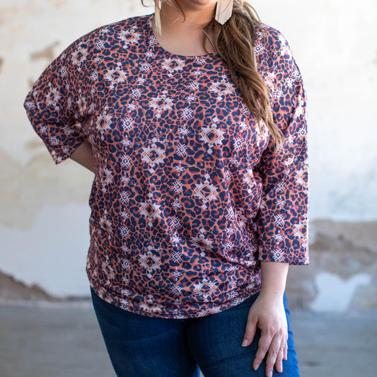 LEOPARD AZTEC PRINTED 3/4 SLEEVE DOLMAN TOP - The Fringe Spa'Tique