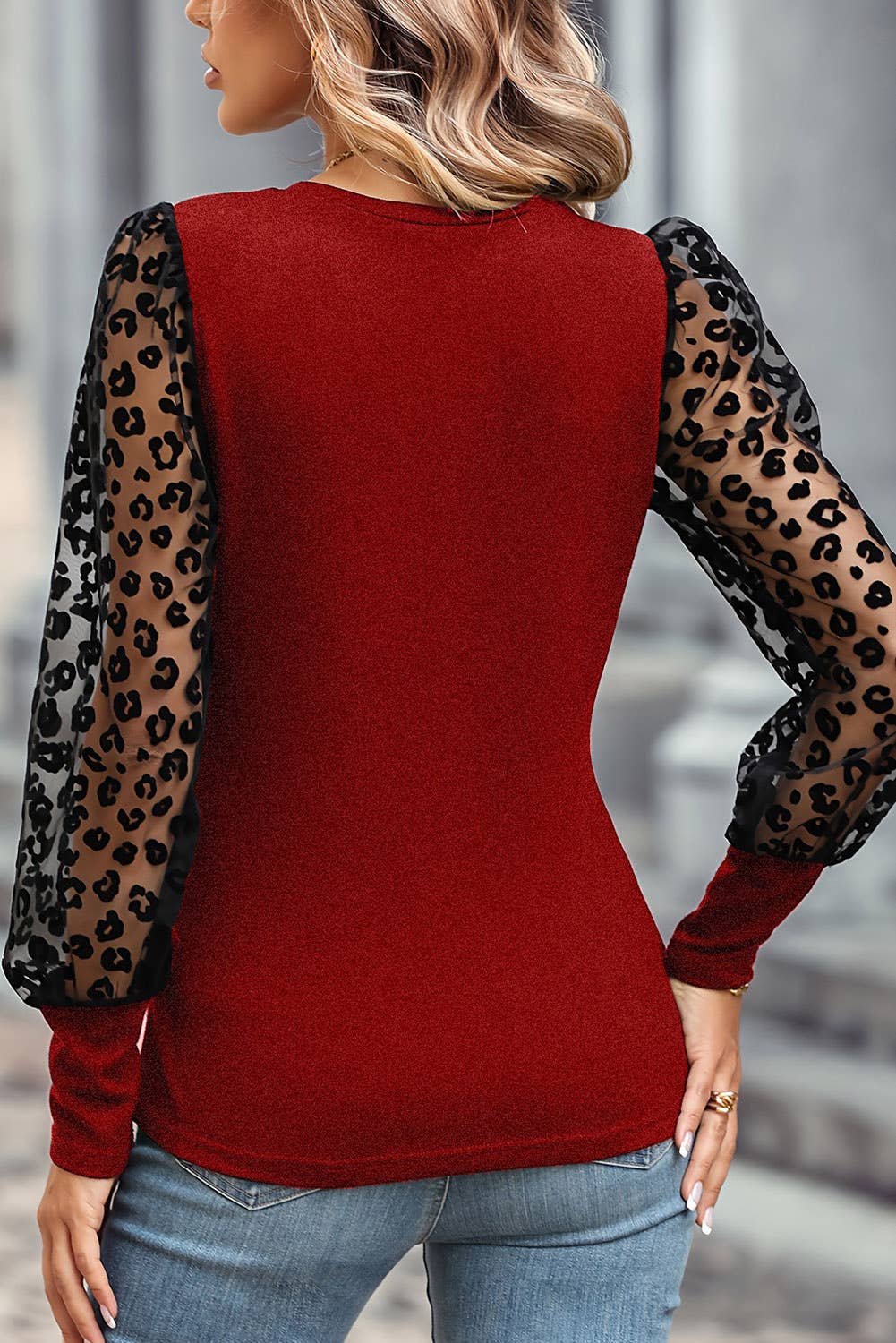 FULL TIME PURCHASE - Leopard Mesh Puff Sleeve Patchwork Slim Fit Top: L / Black