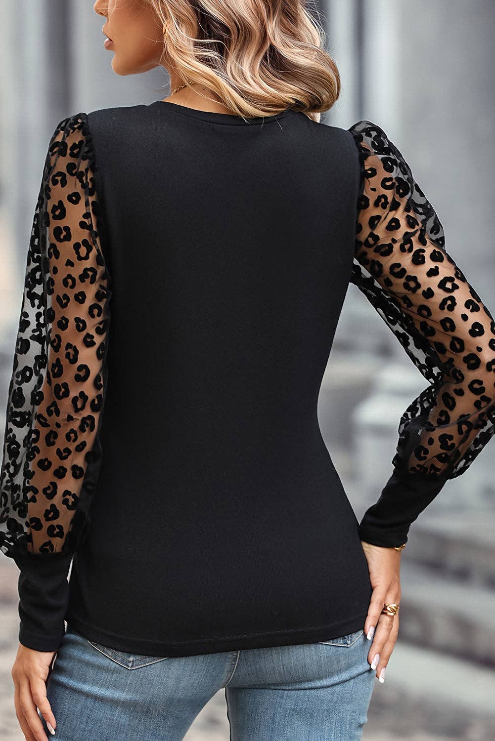 FULL TIME PURCHASE - Leopard Mesh Puff Sleeve Patchwork Slim Fit Top: XL / Black