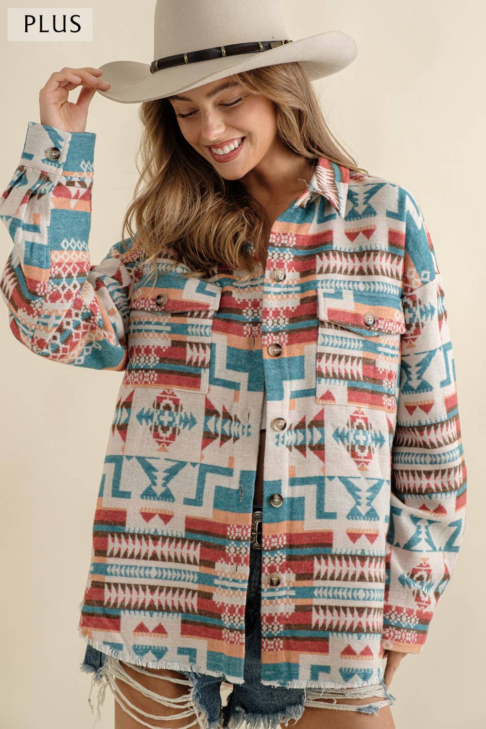 Blue B - 32147JPLUS - Jacquard Aztec Western Shirt Jacket PLUS: XL / BEIGE