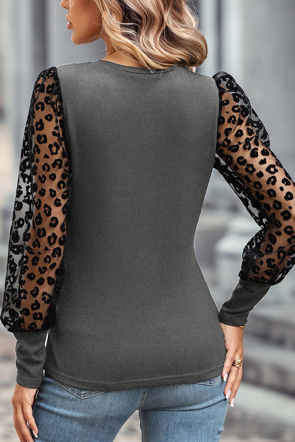FULL TIME PURCHASE - Leopard Mesh Puff Sleeve Patchwork Slim Fit Top: XXL / Black