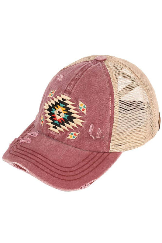 Hana - C.C Aztec Patch Distressed Criss-Cross Pony Cap